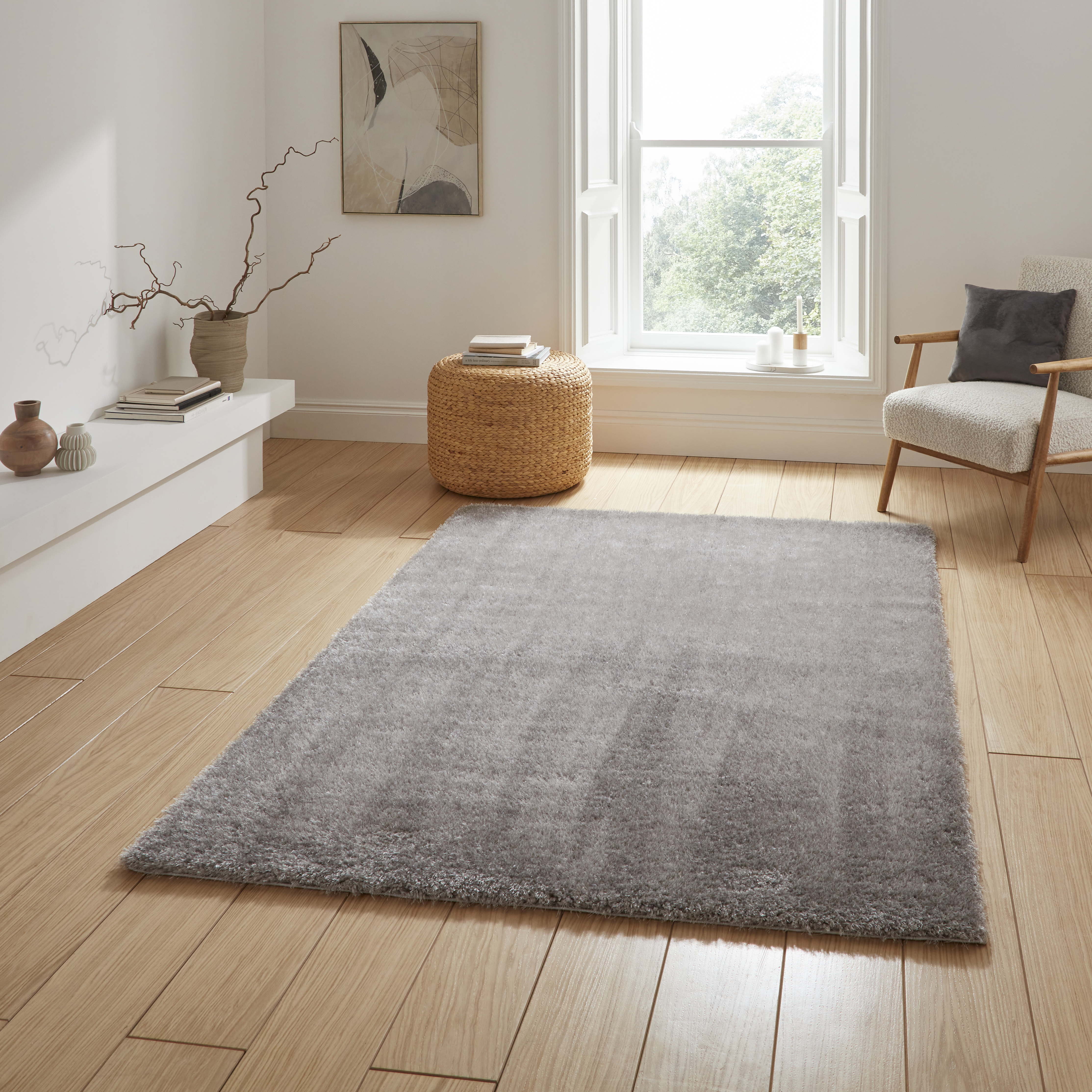 Lux Shaggy Modern Plain Shaggy Rugs In Silver Grey